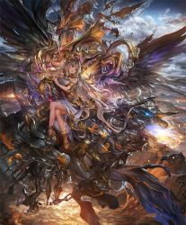 Rule 34 | 1girl, absurdly long hair, armlet, artist request, bare shoulders, breasts, canyon, chain, cloud, cloudy sky, creature, dress, feathered wings, gold trim, hair between eyes, horns, crossed legs, long hair, medium breasts, official art, sandals, shadowverse, sky, very long hair, vesha herald of ravage, white dress, white hair, wings