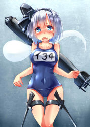 Rule 34 | 10s, 1girl, blue eyes, blush, bow, breasts, crossover, crying, crying with eyes open, fang, hair bow, hairband, highres, holster, kantai collection, knife, konpaku youmu, konpaku youmu (ghost), large breasts, military, military vehicle, one-piece swimsuit, open mouth, school swimsuit, short hair, silver hair, solo, submarine, swimsuit, tears, thigh holster, touhou, unomi, watercraft