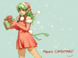 Rule 34 | 1girl, box, rabbit tail, christmas, darren geers, dress, earrings, elbow gloves, elf, full body, gift, gift box, gloves, green hair, hat, jewelry, lips, long hair, looking at viewer, merry christmas, pointy ears, purple eyes, red dress, red gloves, santa hat, smile, snow, solo, tail