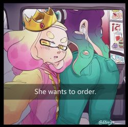 Rule 34 | 2girls, annoyed, ass, car interior, crop top, crown, dark-skinned female, dark skin, english text, he wants to order (meme), headphones, highres, hood, hoodie, inkling, jewelry, legs, looking at viewer, marina (splatoon), meme, midriff, mole, mole under mouth, moribo, multiple girls, necklace, nintendo, octoling, open mouth, pants, pearl (splatoon), pink hair, selfie, snapchat, splatoon (series), splatoon 2, splatoon 2: octo expansion, symbol-shaped pupils, tentacle hair, yellow eyes