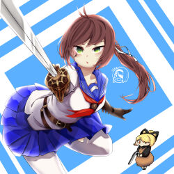 Rule 34 | 3girls, antenna hair, belt, black bow, black shirt, black survival, blonde hair, blue sailor collar, blue skirt, blush, bow, breasts, brown belt, brown dress, brown eyes, brown gloves, brown hair, chibi, chibi inset, commentary request, crossover, dress, elbow gloves, fiora pellerin, foot out of frame, gloves, green eyes, hair bow, hair bun, highres, holding, holding sword, holding weapon, kurodani yamame, long hair, long sleeves, looking at viewer, medium breasts, multiple girls, neckerchief, open mouth, pinafore dress, pleated skirt, ponytail, rapier, red neckerchief, rinyamame, sailor collar, sailor shirt, school uniform, serafuku, shirt, short hair, sissela (black survival), skirt, sleeveless dress, slit pupils, sword, thighhighs, touhou, weapon, white shirt, white thighhighs