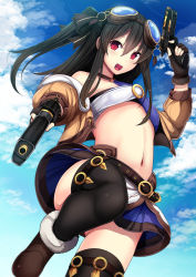 Rule 34 | 10s, 1girl, bare shoulders, black hair, black legwear, blush, boots, cloud, daiaru, day, dual wielding, female focus, fingerless gloves, four goddesses online: cyber dimension neptune, gloves, goggles, goggles on head, gun, hair ornament, handgun, highres, holding, long hair, looking at viewer, navel, neptune (series), pistol, red eyes, skirt, sky, smile, solo, twintails, two side up, uni (neptunia), weapon