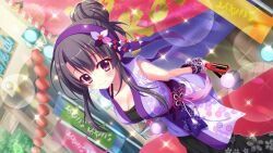 Rule 34 | 1girl, banner, black hair, breasts, building, cleavage, closed mouth, collarbone, dot nose, dutch angle, film grain, floral print, flower, game cg, hair bun, hair flower, hair ornament, hairband, holding, ichikishima mizuha, izumi tsubasu, japanese clothes, kimono, lantern, large breasts, leaning forward, lens flare, looking at viewer, naruko (instrument), non-web source, official art, outdoors, paper lantern, print kimono, purple eyes, purple hairband, purple kimono, purple wristband, re:stage!, single hair bun, sleeveless, sleeveless kimono, smile, solo, sparkle, stage, stage lights