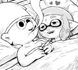 Rule 34 | 1boy, 1girl, aftersex, blush, character request, cigarette, crossover, fangs, greyscale, heart, inkling, inkling girl, inkling player character, monochrome, nintendo, sakkan, smoking, splatoon (series), sweat, the smurfs, under covers