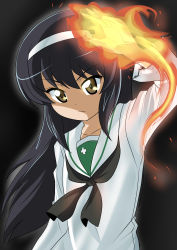 Rule 34 | 1girl, absurdres, bike shorts, black background, black hair, blouse, brown eyes, closed mouth, commentary, fire, fire, flaming hand, frown, girls und panzer, hairband, highres, long hair, long sleeves, looking at viewer, neckerchief, ooarai school uniform, reizei mako, sailor collar, school uniform, serafuku, shirt, simple background, solo, upper body, wakku kan, white hairband, white sailor collar