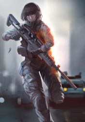 Rule 34 | 1girl, battle rifle, battlefield (series), battlefield 4, bob cut, boots, damegane, explosive, gloves, grenade, gun, highres, holding, looking at viewer, m14, military, military uniform, military vehicle, motion blur, motor vehicle, rifle, running, safety pin, scarf, solo, tank, uniform, vehicle, weapon
