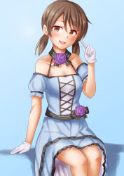 Rule 34 | 1girl, alternate costume, anti (untea9), bare shoulders, blue background, blue dress, breasts, brown eyes, brown hair, collarbone, dress, flower, gloves, gradient background, hair between eyes, highres, kantai collection, lips, looking at viewer, low twintails, neck ribbon, open mouth, purple flower, purple rose, ribbon, rose, shirayuki (kancolle), short sleeves, short twintails, sitting, small breasts, smile, solo, twintails, twitter username, white gloves