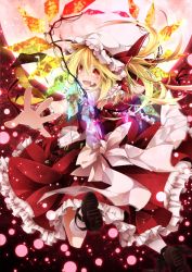 Rule 34 | 1girl, backless outfit, blonde hair, bow, chain, fangs, female focus, flandre scarlet, frilled skirt, frills, full moon, glowing, glowing wings, hat, hat ribbon, lights, mob cap, moon, night, open mouth, outstretched arms, puffy sleeves, red eyes, red moon, ribbon, sash, shirt, short sleeves, side ponytail, skirt, skirt set, sky, solo, touhou, toutenkou, vest, white hat, wings, wrist cuffs