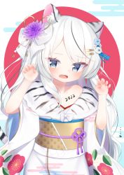 Rule 34 | 1girl, 2022, animal ear fluff, animal ears, blue eyes, blush, chinese zodiac, claw pose, collarbone, commentary request, egasumi, fang, floral print, hands up, highres, japanese clothes, kimono, kokone (coconeeeco), long hair, obi, open mouth, original, print kimono, red background, sash, short sleeves, solo, swept bangs, tail, tiger ears, tiger girl, tiger tail, two-tone background, very long hair, white background, white hair, white kimono, wide sleeves, year of the tiger