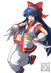 Rule 34 | 1girl, ainu clothes, blue eyes, blue hair, breasts, fingerless gloves, gloves, hair ribbon, highres, leg lift, leg up, legs, nakoruru, open mouth, pants, ribbon, samurai spirits, small breasts, smile, snk, solo, the king of fighters, thighs, weapon