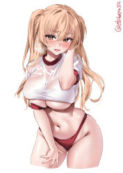 Rule 34 | 1girl, bikini, bikini bottom only, blush, breasts, brown eyes, cropped legs, cropped shirt, ebifurya, foreshortening, gluteal fold, hair between eyes, hand in own hair, hand on own thigh, hand up, heavy breathing, highres, johnston (kancolle), kantai collection, large breasts, leaning to the side, light brown hair, long hair, looking at viewer, navel, one-hour drawing challenge, open mouth, red bikini, shirt, short sleeves, sidelocks, simple background, skindentation, solo, sweat, swimsuit, thighs, twitter username, two side up, underboob, wet, wet clothes, wet shirt, white background, white shirt