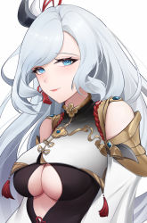 Rule 34 | 1girl, absurdres, blue eyes, breasts, cleavage cutout, closed mouth, clothing cutout, commentary request, dintea, forehead, gauntlets, genshin impact, gold trim, highres, looking at viewer, medium breasts, parted bangs, red lips, shenhe (genshin impact), simple background, smile, solo, tassel, upper body, white background, white hair