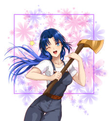 Rule 34 | 1girl, ;d, alternate costume, alternate hair length, alternate hairstyle, axe, belt, blue eyes, blue hair, blush, breasts, ciel (tsukihime), collarbone, female focus, floating hair, floral background, gold weapon, golden weapon, head tilt, highres, holding, holding axe, holding weapon, long hair, looking at viewer, medium breasts, neck, oceanbellereine, one eye closed, open mouth, overalls, parted bangs, shirt, smile, solo, standing, star (symbol), t-shirt, tsukihime, type-moon, weapon, white shirt, wink