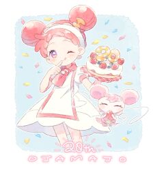 Rule 34 | 1girl, anniversary, blush, cake, closed mouth, conago, confetti, dodo (ojamajo doremi), double bun, dress, fairy, finger to mouth, food, fortissimo, fruit, hair bun, hair ornament, hairband, harukaze doremi, holding, holding food, looking at viewer, musical note, musical note hair ornament, ojamajo doremi, one eye closed, pink eyes, puffy short sleeves, puffy sleeves, red hair, red scarf, scarf, short hair, short sleeves, smile, standing, strawberry, white dress, white hairband