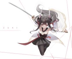Rule 34 | 1girl, azur lane, bare shoulders, black hair, black pantyhose, black skirt, closed mouth, colored inner hair, detached sleeves, galodos, hatsuzuki (azur lane), highres, holding, holding sheath, holding sword, holding weapon, horn ornament, horns, japanese clothes, katana, long hair, looking at viewer, multicolored hair, pantyhose, pleated skirt, red hair, sheath, simple background, skirt, solo, sword, weapon