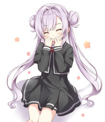 Rule 34 | 1girl, ^ ^, bad id, bad pixiv id, black dress, black jacket, blush, closed eyes, closed mouth, commentary request, daito academy school uniform, double bun, dress, facing viewer, feet out of frame, floral background, hair bun, hair intakes, jacket, jewelry, layered sleeves, long hair, long sleeves, magia record: mahou shoujo madoka magica gaiden, mahou shoujo madoka magica, purple hair, rikopin, ring, school uniform, short over long sleeves, short sleeves, sitting, solo, twintails, very long hair, white background, yakumo mikage