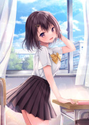 Rule 34 | 1girl, :d, arm behind head, black hair, black skirt, blue sky, bow, breasts, briefcase, chair, cloud, collared shirt, commentary request, curtains, day, desk, hair between eyes, hair ornament, hairclip, hand up, indoors, looking at viewer, looking to the side, nemuri nemu, open mouth, original, pencil case, pleated skirt, purple eyes, school briefcase, school chair, school desk, school uniform, shirt, short sleeves, skirt, sky, small breasts, smile, solo, white shirt, window, yellow bow