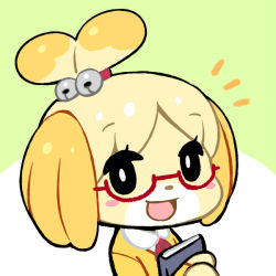Rule 34 | :d, ^^^, alternate costume, animal crossing, bell, bespectacled, blush stickers, book, chan co, dog, dog girl, furry, furry female, glasses, hair ornament, isabelle (animal crossing), jingle bell, looking at viewer, nintendo, open mouth, red-framed eyewear, smile, solo, topknot, upper body