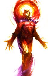 Rule 34 | 1boy, cape, colored skin, dc comics, etrigan, fangs, full body, highres, horns, male focus, naratani, open mouth, red eyes, simple background, solo, white background, yellow skin