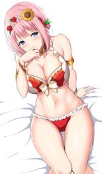 Rule 34 | 1girl, arm support, armlet, bed sheet, bikini, blue eyes, blush, bracelet, braid, breasts, cleavage, covering own mouth, crown braid, flower, frilled bikini, frills, hair flower, hair ornament, hand to own mouth, highres, jewelry, large breasts, looking at viewer, navel, noeomi, pink hair, princess connect!, red bikini, short hair, sitting, solo, sunflower, sunflower hair ornament, swimsuit, white background, yui (princess connect!), yui (summer) (princess connect!)