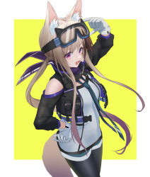 Rule 34 | 1girl, :d, adjusting eyewear, animal ear fluff, animal ears, arknights, arm up, black jacket, black pantyhose, blue shorts, border, breasts, brown hair, cardigan (arknights), cowboy shot, cropped jacket, dog ears, dog girl, dog tail, gloves, goggles, goggles on head, hand on eyewear, hand on own hip, highres, jacket, light brown hair, long hair, long sleeves, low ponytail, medium breasts, multicolored hair, open clothes, open jacket, open mouth, outside border, pantyhose, pantyhose under shorts, purple eyes, shirt, short shorts, shorts, sidelocks, simple background, smile, solo, sthk, streaked hair, tail, two-tone hair, v-shaped eyebrows, white border, white gloves, white shirt, yellow background