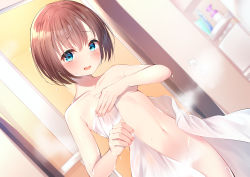 Rule 34 | 1girl, absurdres, bathroom, blue eyes, blush, bottle, breasts, brown hair, collarbone, commentary request, convenient censoring, covering privates, covering breasts, dripping, dutch angle, groin, hair between eyes, hands up, head tilt, highres, indoors, looking at viewer, nari (narikashi), navel, nude, open mouth, original, small breasts, solo, standing, steam, stomach, toothbrush, towel, wet, wet hair, white towel