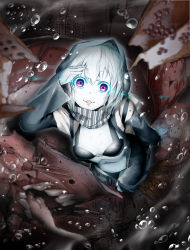 Rule 34 | 10s, 1girl, abyssal ship, air bubble, bad id, bad pixiv id, bag, breasts, bubble, cannon, cockadooodledoo, glowing, glowing eyes, highres, hood, jacket, kantai collection, long sleeves, navel, o-ring, o-ring top, pale skin, purple eyes, re-class battleship, scarf, sea serpent, short hair, silver hair, small breasts, smile, solo, turret, zipper