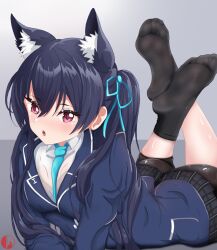 Rule 34 | 1girl, animal ears, ass, black socks, blue archive, feet, highres, light blush, long hair, looking at viewer, lying, on stomach, parted lips, pink eyes, serika (blue archive), socks, soles, the pose, toes, twintails