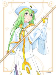 Rule 34 | 1girl, alice carroll, andanden, aria (manga), blue eyes, blush, capelet, closed mouth, dress, feet out of frame, fingerless gloves, gloves, gold trim, green hair, hair between eyes, hand up, highres, holding, holding oar, long dress, long hair, long sleeves, looking at viewer, oar, orange planet uniform, pantyhose, purple pantyhose, side slit, sidelocks, signature, smile, solo, undine (aria), uniform, white capelet, white dress, white headwear