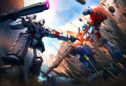 Rule 34 | 2boys, absurdres, arm cannon, autobot, battle, building, car, cityscape, colinsearle, commentary, damaged, debris, decepticon, dirty, dust, emblem, energy, energy cannon, english commentary, explosion, glowing, highres, jumping, mecha, megatron, motion blur, motion lines, motor vehicle, multiple boys, optimus prime, red eyes, robot, ruins, science fiction, transformers, weapon, wreckage