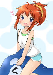 Rule 34 | &gt; &lt;, 1girl, :d, absurdres, bare arms, bare shoulders, blue eyes, blue shorts, blush, brown hair, commentary request, hair ornament, hair scrunchie, head tilt, heart, high ponytail, highres, inflatable dolphin, inflatable toy, koshigaya natsumi, long hair, looking at viewer, non non biyori, open mouth, scrunchie, shika (s1ka), shirt, shorts, sidelocks, sitting, sitting on object, sleeveless, sleeveless shirt, smile, solo, straddling, water drop, wet, wet hair, white shirt, yellow scrunchie