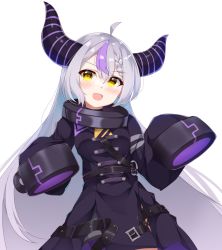 Rule 34 | 1girl, :d, absurdres, ahoge, black dress, braid, braided bangs, commentary request, demon horns, dress, fang, fuuna, grey hair, hair between eyes, highres, hololive, horns, la+ darknesss, long hair, long sleeves, looking at viewer, multicolored hair, open mouth, purple hair, simple background, sleeves past fingers, sleeves past wrists, smile, solo, streaked hair, very long hair, virtual youtuber, white background, yellow eyes