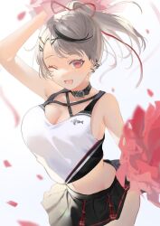 Rule 34 | 1girl, alternate costume, alternate hairstyle, arm up, black hair, black skirt, blurry, blush, breasts, cleavage, commentary request, crop top, depth of field, earrings, fang, grey hair, hair ornament, highres, holding, holding pom poms, hololive, jewelry, large breasts, looking at viewer, midriff, mishimahachi, multicolored hair, navel, one eye closed, open mouth, parted bangs, pom pom (cheerleading), pom poms, red eyes, sakamata chloe, shirt, simple background, skirt, sleeveless, sleeveless shirt, solo, streaked hair, virtual youtuber, white background, white shirt, x hair ornament
