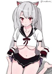 Rule 34 | animal ears, azur lane, blank (imablank ), blush, breasts, clothes lift, dog ears, highres, looking at viewer, red eyes, self-upload, silver hair, skirt, skirt lift, solo, underboob, yuudachi (azur lane)