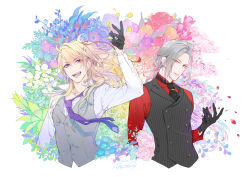 Rule 34 | 2boys, ahoge, arm up, asajima yoshiyuki, black gloves, blonde hair, blue eyes, blue flower, buttons, collarbone, commentary, cropped torso, daihannya nagamitsu (touken ranbu), double-breasted, closed eyes, fangs, floral background, flower, formal, gloves, grey hair, hair ornament, hair ribbon, half gloves, hand up, highres, jacket, kouryuu kagemitsu, long hair, long sleeves, looking at viewer, loose necktie, male focus, multiple boys, necktie, open mouth, outstretched hand, petals, ponytail, print neckwear, purple eyes, red flower, ribbon, shirt, signature, smile, striped, touken ranbu, vest, white shirt