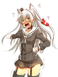 Rule 34 | 10s, 1girl, amatsukaze (kancolle), breasts, cowboy shot, embarrassed, flying sweatdrops, garter straps, gloves, hair tubes, hand on own hip, highres, kantai collection, long hair, long sleeves, open mouth, outstretched hand, panties, pantyshot, sailor collar, see-through, shinta (the-mattyaman), silver hair, simple background, small breasts, solo, thighhighs, trembling, two side up, underwear, very long hair, wavy mouth, white background, white gloves, yellow eyes