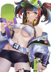 Rule 34 | 1girl, absurdres, badge, bare shoulders, bikini, black hair, black shorts, blue hair, blush, breasts, button badge, cleavage, fate/grand order, fate (series), green hat, hat, headphones, headphones around neck, highres, huge filesize, jacket, large breasts, long hair, long sleeves, looking at viewer, multicolored hair, navel, noro assumed, off shoulder, open clothes, open jacket, red hair, sei shounagon (fate), sei shounagon (swimsuit berserker) (fate), short shorts, shorts, sidelocks, skateboard, smile, solo, spray can, swimsuit, thigh strap, thighs, twintails, visor cap, white bikini, white jacket, yellow eyes