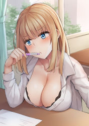 Rule 34 | 1girl, black bra, blonde hair, blue eyes, bra, bra peek, breast rest, breasts, breasts on table, cleavage, closed mouth, collarbone, collared shirt, desk, frown, hand up, highres, holding, indoors, large breasts, long sleeves, looking away, mizushina minato, original, paper, partially unbuttoned, pen, pout, shirt, sidelocks, solo, underwear, v-shaped eyebrows, white shirt