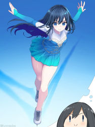 Rule 34 | 1girl, alternate costume, asashio (kancolle), black hair, blue background, blue dress, breasts, dress, figure skating, highres, ice skates, ice skating, kantai collection, kuronaga, long hair, long sleeves, looking at viewer, outstretched arms, short dress, skates, skating, small breasts, smile, solo, standing, standing on one leg, thighs, thinking, twitter username