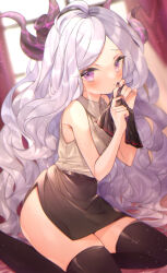 Rule 34 | 1girl, bare arms, black skirt, black thighhighs, blue archive, blush, closed mouth, commentary request, curtains, demon horns, feet out of frame, grey shirt, hands up, highres, hina (blue archive), holding, holding ribbon, horns, indoors, light particles, long hair, looking at viewer, multiple horns, parted bangs, pencil skirt, pink eyes, pink nails, purple hair, ribbon, seiza, shiguri, shirt, side slit, sitting, skirt, solo, thighhighs, unworn ribbon, very long hair, wavy hair, window