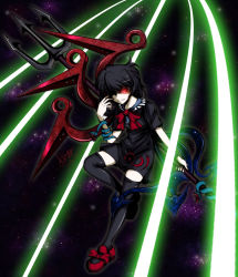 Rule 34 | 1girl, adesa, black hair, black thighhighs, dress, female focus, full body, gradient background, houjuu nue, laser, polearm, red eyes, short hair, snake, solo, spear, thighhighs, touhou, trident, weapon, wings, zettai ryouiki