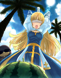 Rule 34 | 1girl, arch bishop (ragnarok online), blindfold, blonde hair, blue dress, blue sky, blunt bangs, breasts, cleavage cutout, clothing cutout, cloud, commentary request, cowboy shot, cross, dated commentary, dress, food, from below, fruit, galapago (ragnarok online), galapagos penguin, juliet sleeves, lens flare, long hair, long sleeves, medium bangs, medium breasts, open mouth, palm tree, pelvic curtain, puffy sleeves, ragnarok online, sash, sky, solo, suikawari, sun, sunglasses, tree, two-tone dress, watermelon, white blindfold, white dress, yakka, yellow sash