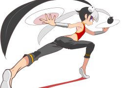 Rule 34 | 1girl, bird, black hair, capri pants, chinese clothes, feather hair ornament, feng (skullgirls), from behind, hair ornament, leaning forward, looking back, multicolored hair, open mouth, pants, plate, purple eyes, short hair, skullgirls, solonass, two-tone hair, white background, white hair, yuriyuri (ccc)