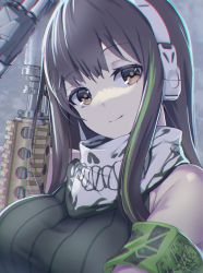 Rule 34 | 1girl, absurdres, armband, assault rifle, bandana, bare shoulders, black sweater, breasts, brown hair, chromatic aberration, girls&#039; frontline, griffin &amp; kryuger, grifon &amp; kryuger, gun, head tilt, headphones, highres, kagami (haret46), large breasts, long hair, looking at viewer, m4 carbine, m4a1 (girls&#039; frontline), multicolored hair, rifle, sleeveless, sleeveless sweater, smile, solo, streaked hair, sweater, upper body, weapon, yellow eyes