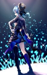Rule 34 | 1girl, ahoge, asymmetrical legwear, back bow, black gloves, blue eyes, blue hair, bow, commentary request, crown, fingerless gloves, gloves, glowstick, grey hat, hair between eyes, hand on own hip, hat, highres, hololive, hoshimachi suisei, hoshimachi suisei (1st costume), jacket, looking at viewer, looking back, mini crown, night, open mouth, plaid, plaid jacket, plaid neckwear, plaid skirt, single thighhigh, skirt, sky, solo, stage, star (sky), starry sky, thighhighs, uneven legwear, v, virtual youtuber, yoshimori isa