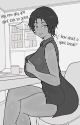 Rule 34 | breasts, dark skin, english text, greyscale, highres, large breasts, mole, monochrome, office, original, rover (rover png), seductive smile, short hair, skirt, sleeveless, smile, thick thighs, thighs