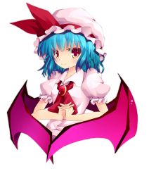 Rule 34 | 1girl, alternate eye color, ascot, bat wings, blue hair, collarbone, female focus, hat, hat ribbon, highres, hototogisu (hot to gis), jewelry, puffy sleeves, remilia scarlet, ribbon, short hair, short sleeves, smile, solo, touhou, upper body, white background, wings, yellow eyes