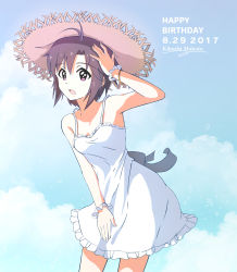 Rule 34 | 1girl, antenna hair, bad id, bad pixiv id, blue sky, bracelet, breasts, brown hair, character name, cloud, cowboy shot, day, dress, frilled dress, frills, hand on own head, happy birthday, hat, idolmaster, idolmaster (classic), jewelry, kikuchi makoto, leaning forward, ns.x, open mouth, scrunchie, short dress, short hair, sky, sleeveless, sleeveless dress, small breasts, solo, standing, straw hat, sun hat, sundress, white dress, white scrunchie, wrist scrunchie