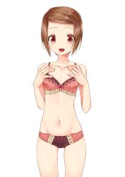 Rule 34 | 1girl, absurdres, bra, brown eyes, brown hair, digimon, digimon adventure 02, hair ornament, hairclip, highres, looking at viewer, navel, open mouth, panties, short hair, simple background, smile, solo, stomach, tho minami, underwear, underwear only, white background, yagami hikari