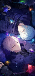 Rule 34 | 2boys, absurdres, aiue o eiua, black shirt, blue eyes, blue hair, brooch, cloak, closed mouth, commentary request, english text, highres, idolish7, jewelry, light blue hair, looking at another, lying, male focus, mezzo&quot;, multiple boys, on back, osaka sougo, purple cloak, purple eyes, purple hair, shaded face, shirt, sky, smile, star (sky), star (symbol), starry sky, upside-down, yotsuba tamaki